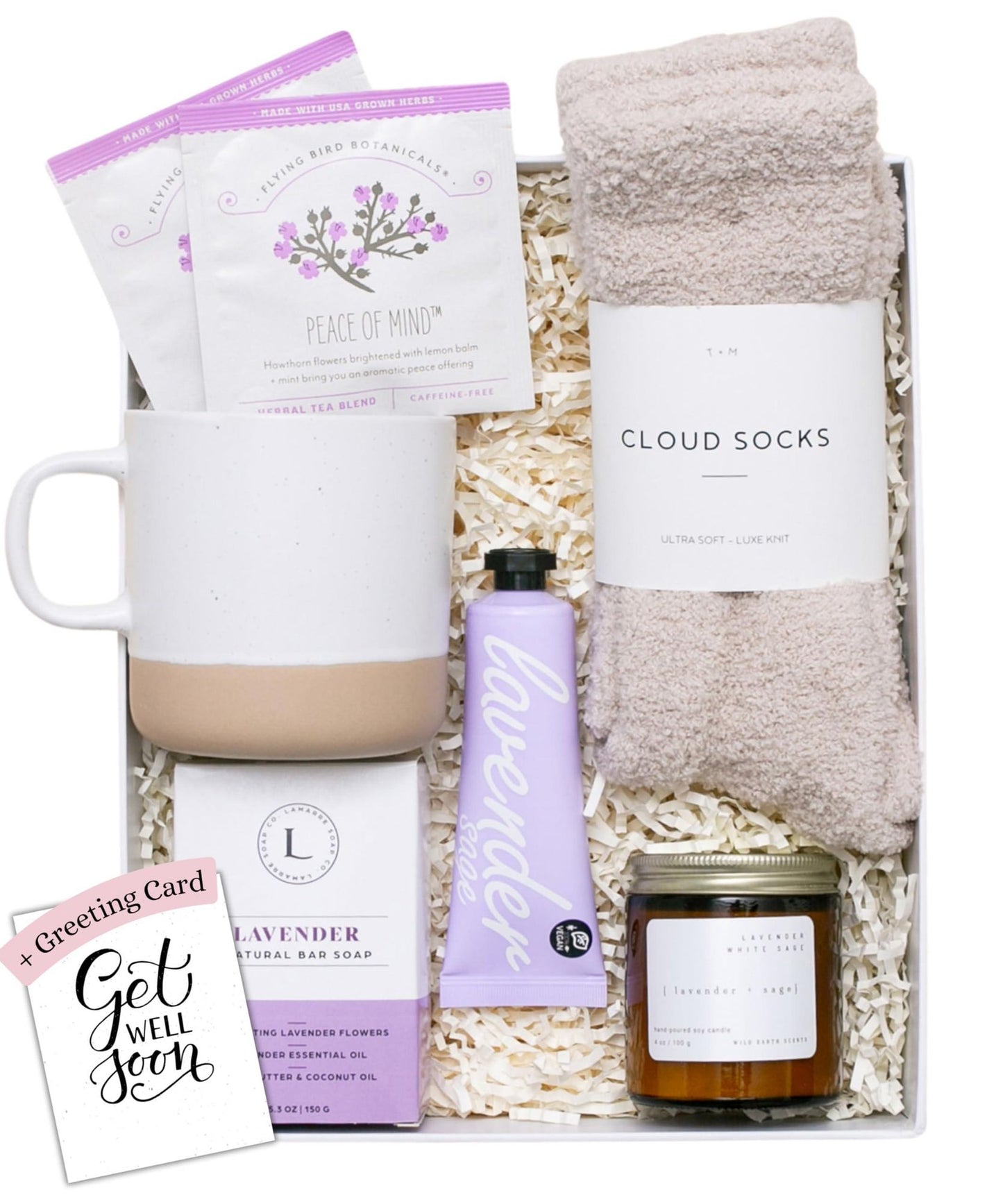 Lavender Spa Gift Set Relaxation Gifts For Women Get Well Soon Gift Basket with Scented Candle Bath Bomb Soap ( Get Well Soon  Greeting Card Classic Lavender Collection)