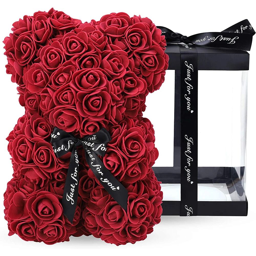 Gifts for Women - Rose Bear - Rose Flower Bear Hand Made Rose Teddy Bear - Gift for Valentines Day;  Mothers Day;  Wedding and Anniversary & Bridal Showers - w/Clear Clear Gift Box 10 Inch (Red)